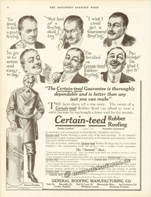 Und das ist die Werbung für die Produkte der General Roofing Mfg., wie sie im Jahr 1912 in einer Zeitung veröffentlicht war.
