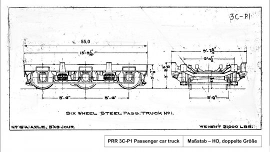 Die Drehgestelle der Pennsy vom Typ 3C-P1 - dreiachsig und diejenigen, die für den RPO eingesetzt wurden.